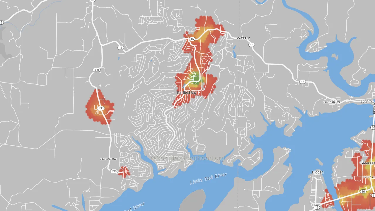 Walk Grade map of Fairfield Bay, AR, walkable areas in green and car-dependent areas in red