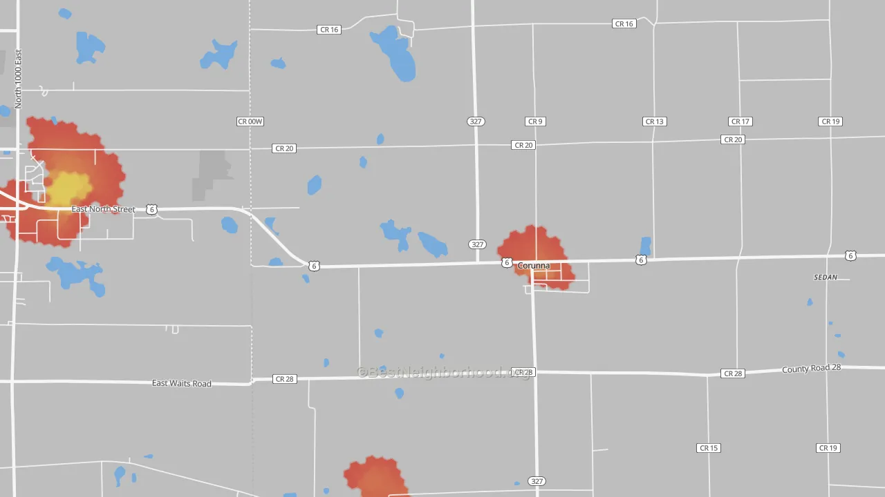 Walk Grade map of Fairfield Center, IN, walkable areas in green and car-dependent areas in red