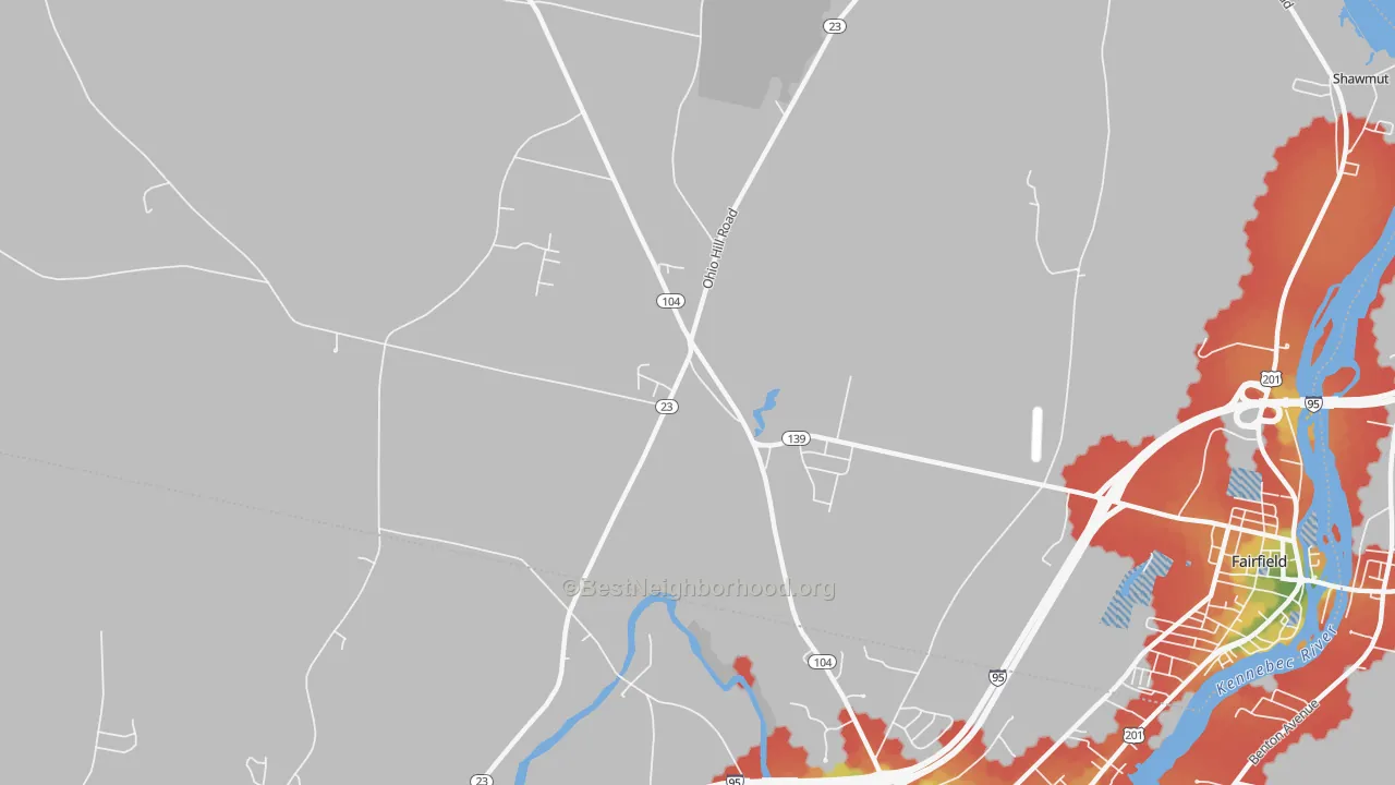 Walk Grade map of Fairfield Center, ME, walkable areas in green and car-dependent areas in red