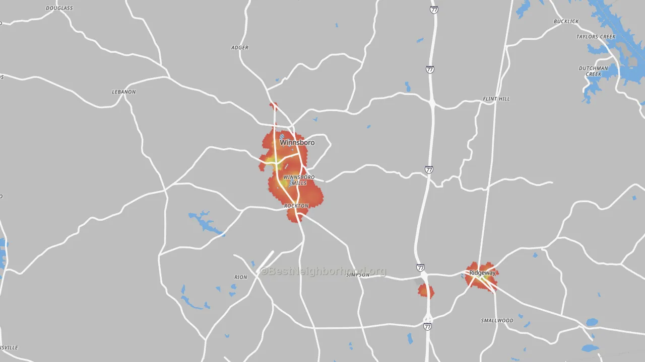 Walk Grade map of Fairfield County, SC, walkable areas in green and car-dependent areas in red