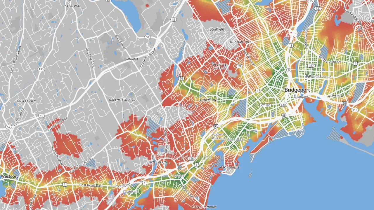 Walk Grade map of Fairfield, CT, walkable areas in green and car-dependent areas in red
