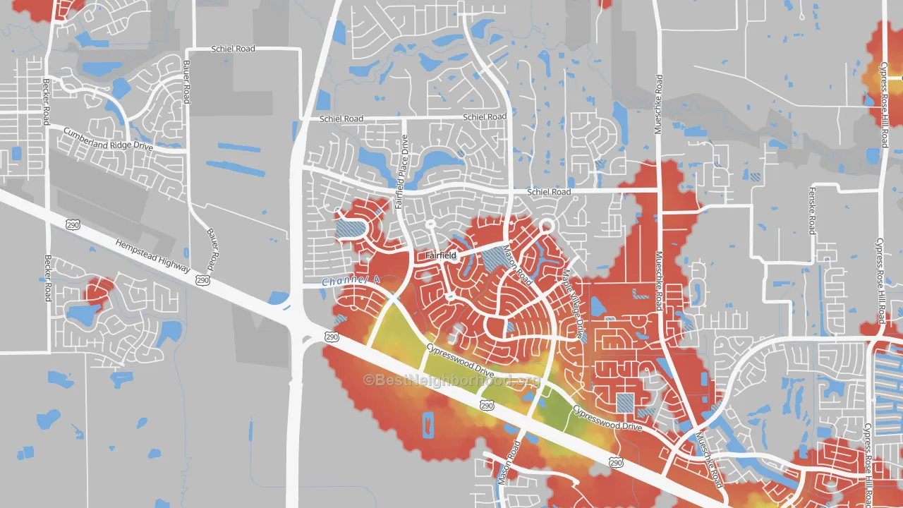 Walk Grade map of Fairfield, Cypress, TX, walkable areas in green and car-dependent areas in red