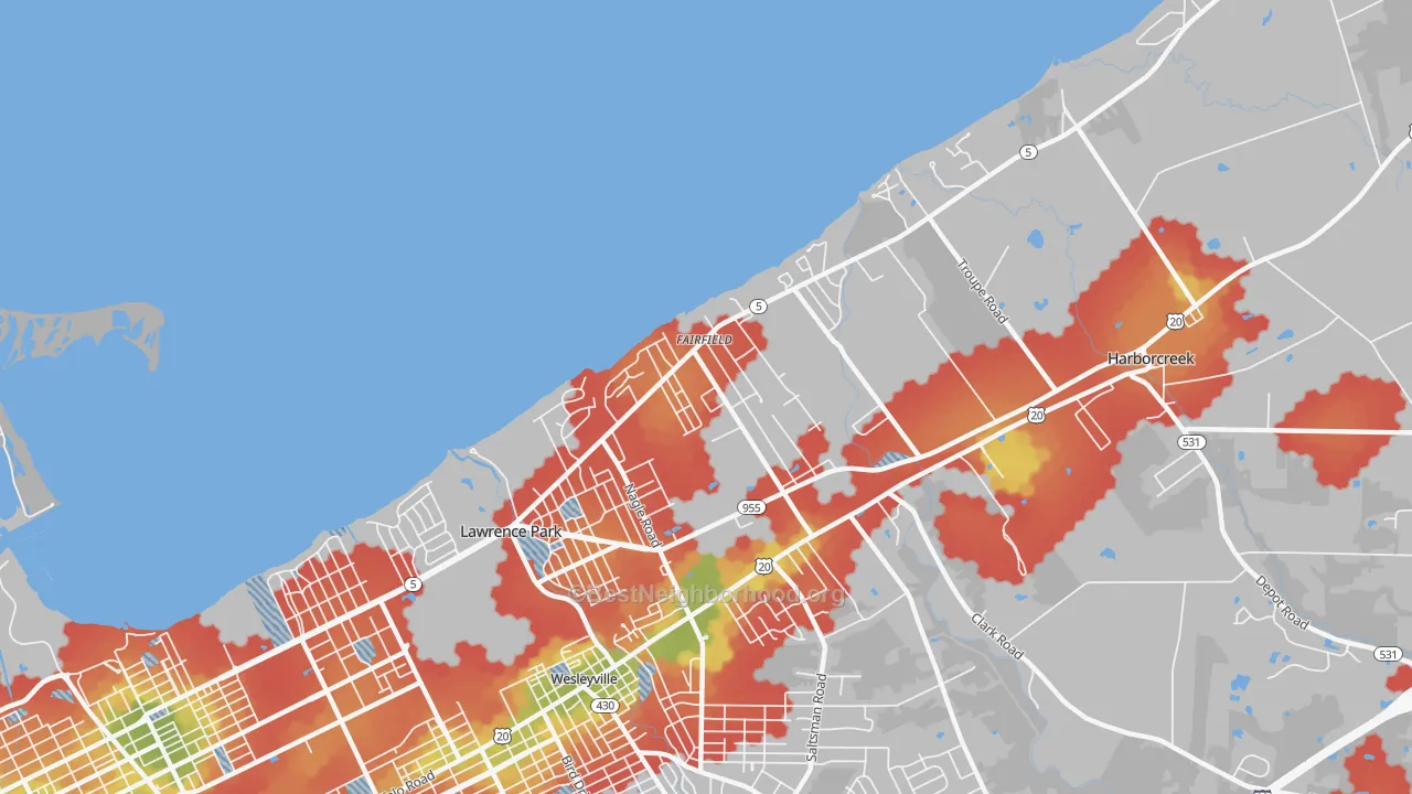 Walk Grade map of Fairfield, Erie, PA, walkable areas in green and car-dependent areas in red