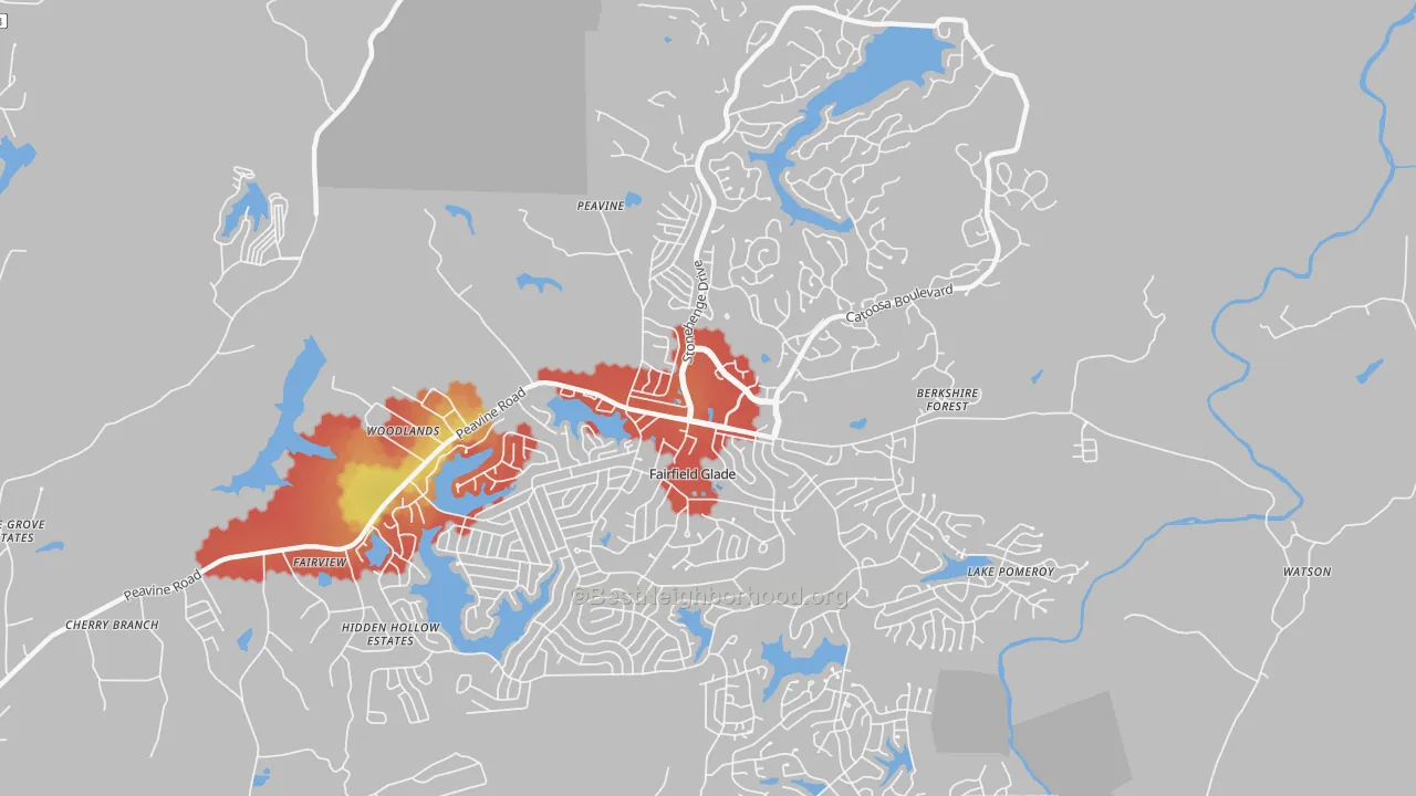 Walk Grade map of Fairfield Glade, TN, walkable areas in green and car-dependent areas in red