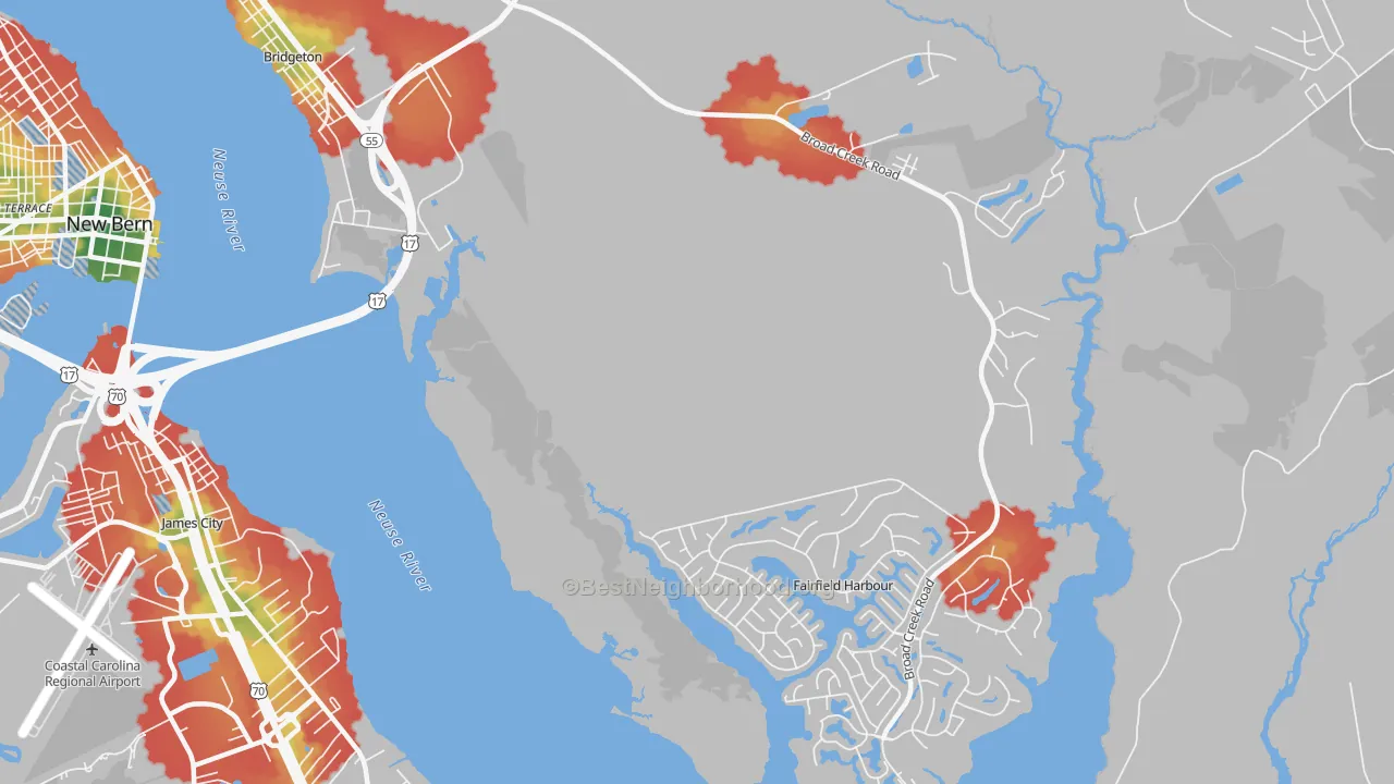 Walk Grade map of Fairfield Harbour, NC, walkable areas in green and car-dependent areas in red