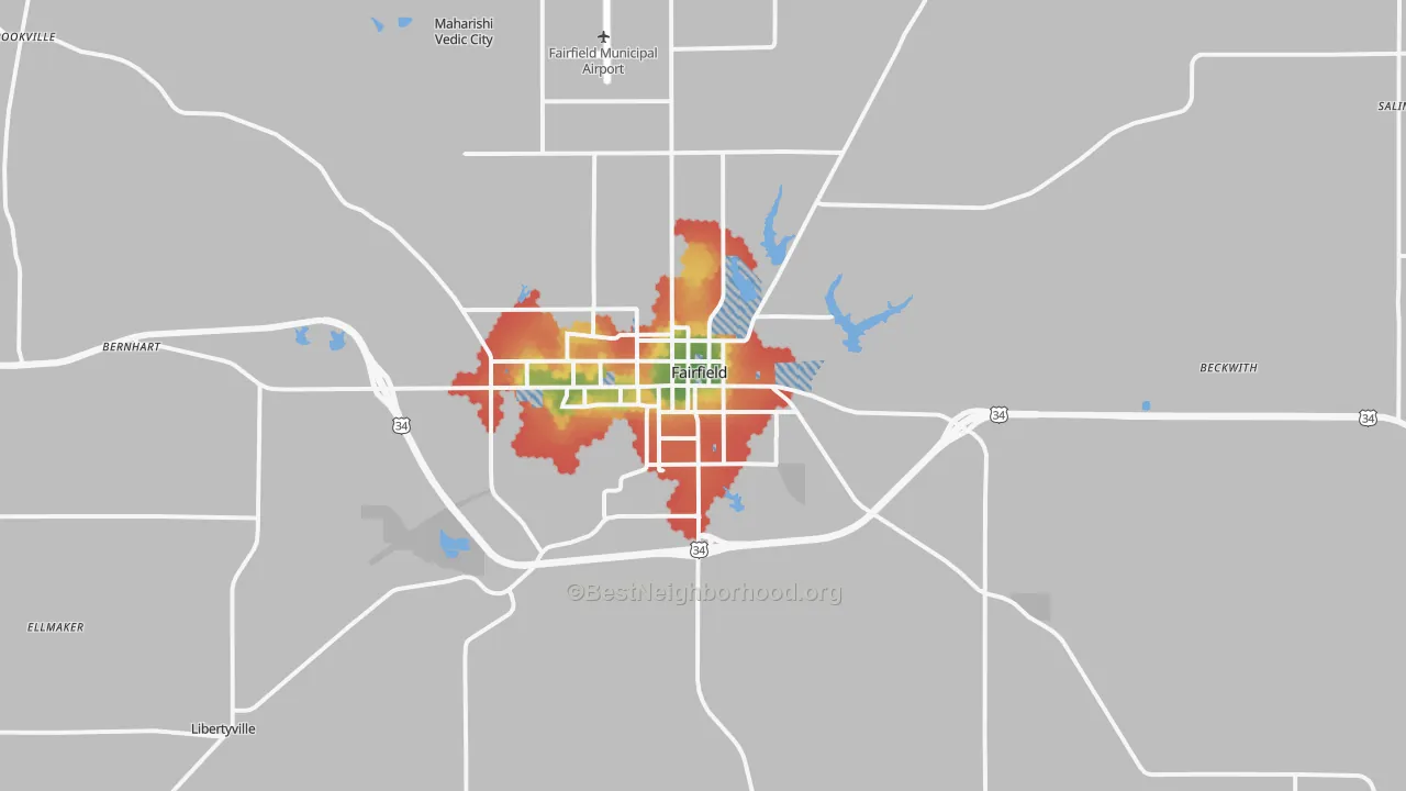 Walk Grade map of Fairfield, IA, walkable areas in green and car-dependent areas in red