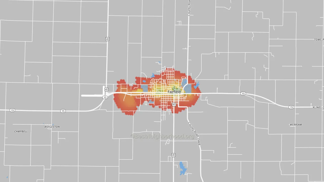 Walk Grade map of Fairfield, IL, walkable areas in green and car-dependent areas in red