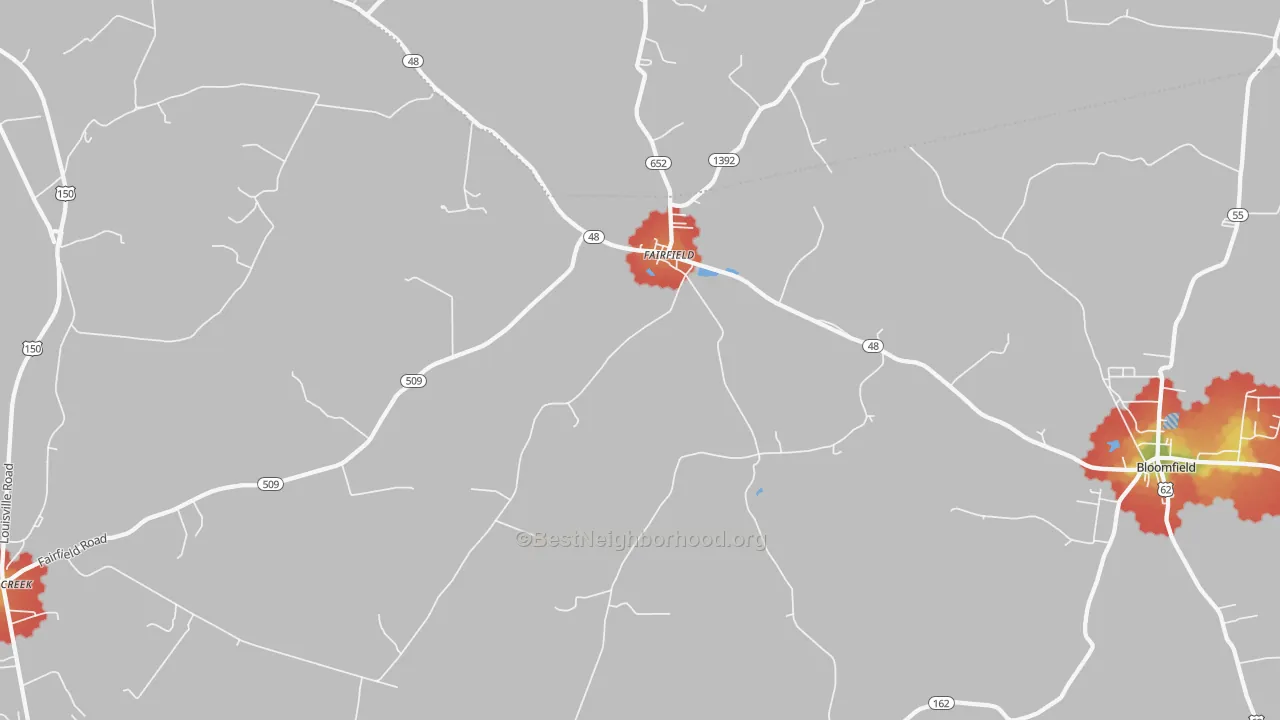 Walk Grade map of Fairfield, KY, walkable areas in green and car-dependent areas in red