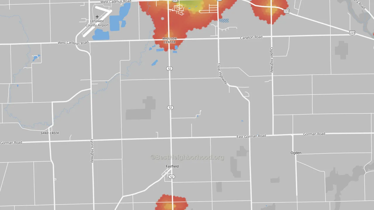 Walk Grade map of Fairfield, MI, walkable areas in green and car-dependent areas in red