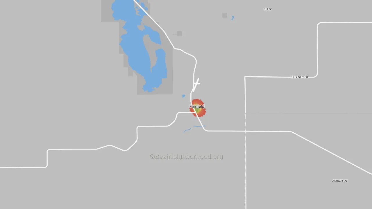 Walk Grade map of Fairfield, MT, walkable areas in green and car-dependent areas in red