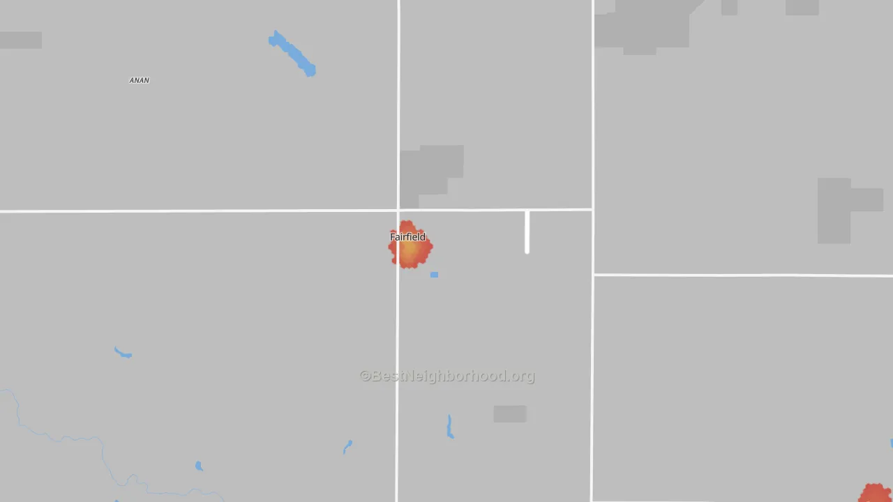 Walk Grade map of Fairfield, NE, walkable areas in green and car-dependent areas in red