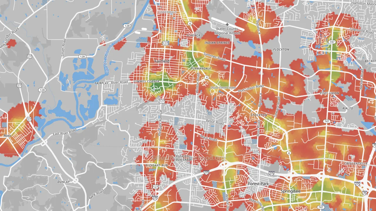 Walk Grade map of Fairfield, OH, walkable areas in green and car-dependent areas in red