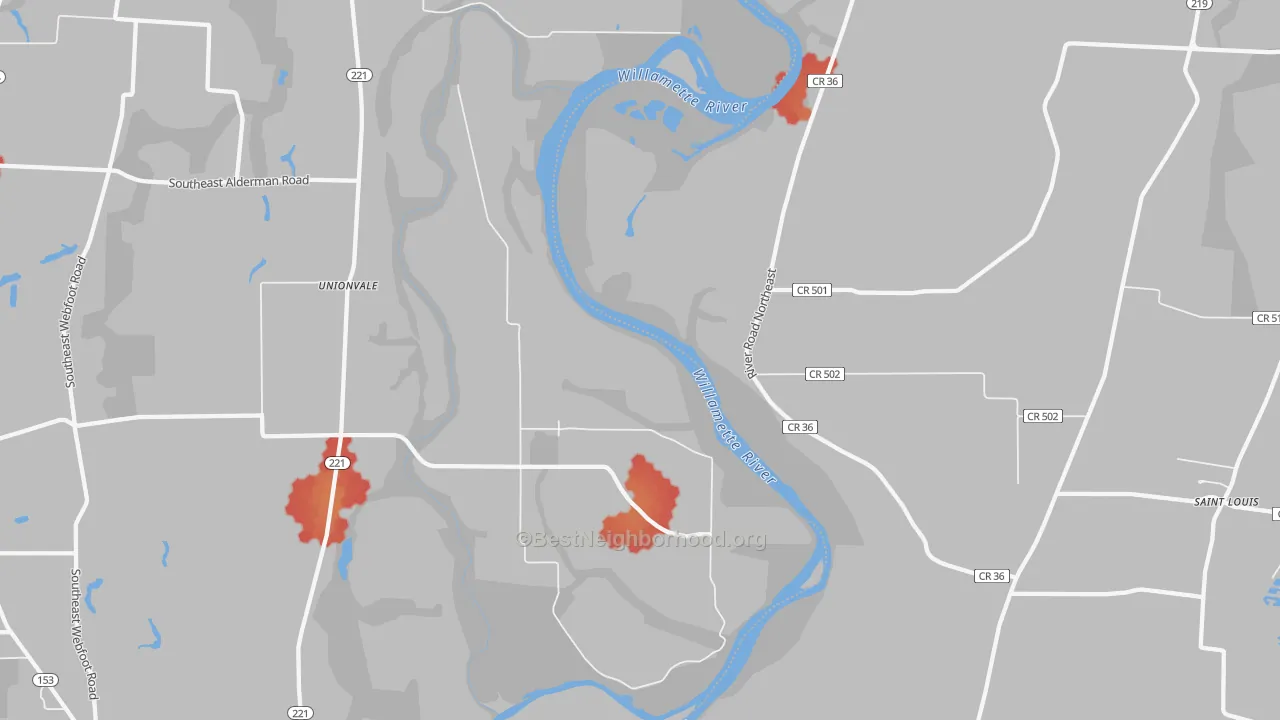 Walk Grade map of Fairfield, OR, walkable areas in green and car-dependent areas in red