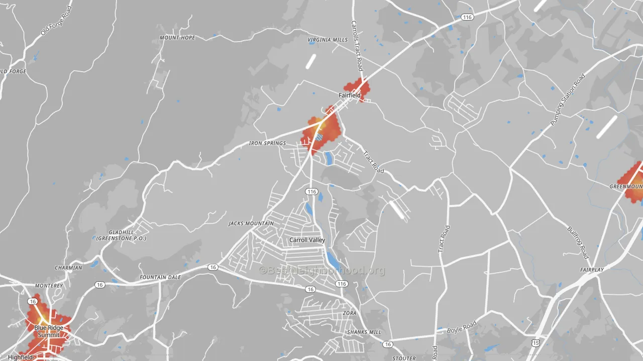 Walk Grade map of Fairfield, PA, walkable areas in green and car-dependent areas in red