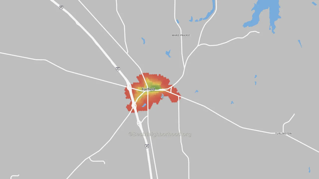 Walk Grade map of Fairfield, TX, walkable areas in green and car-dependent areas in red