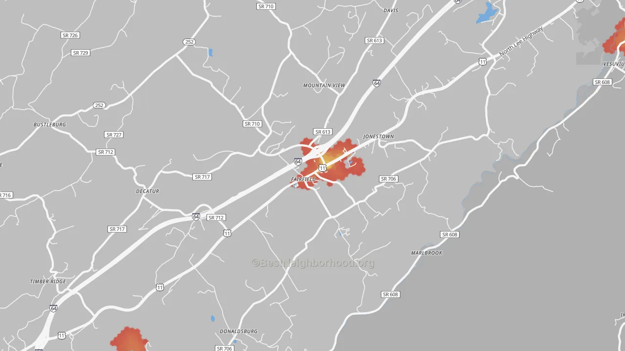Walk Grade map of Fairfield, VA, walkable areas in green and car-dependent areas in red
