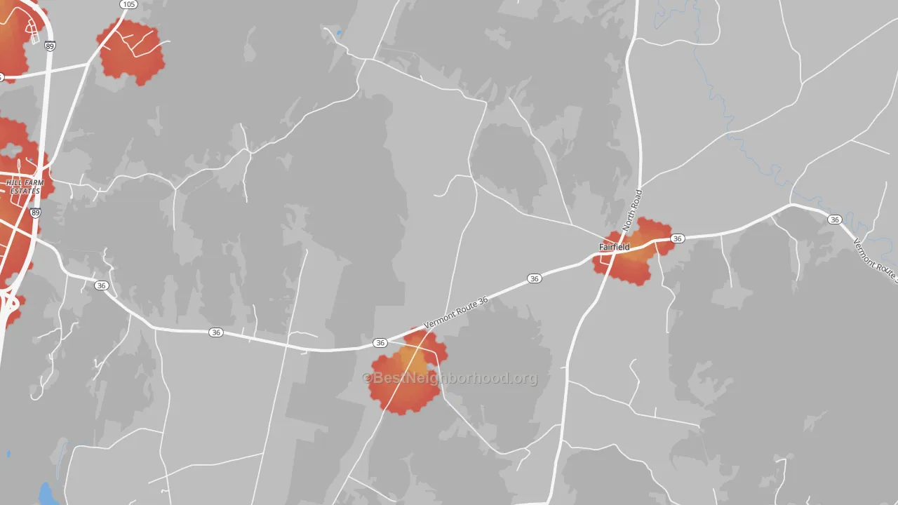 Walk Grade map of Fairfield, VT, walkable areas in green and car-dependent areas in red