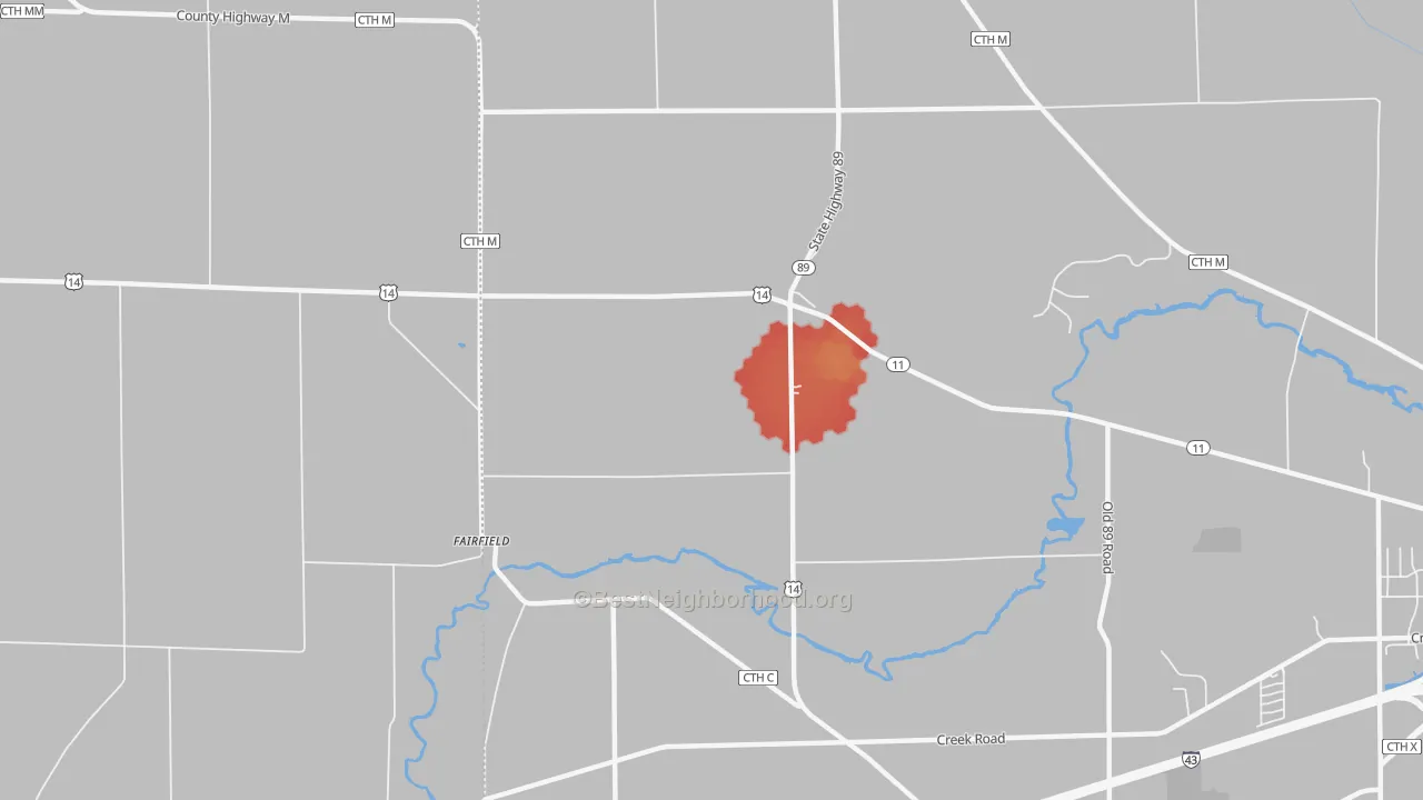 Walk Grade map of Fairfield, WI, walkable areas in green and car-dependent areas in red