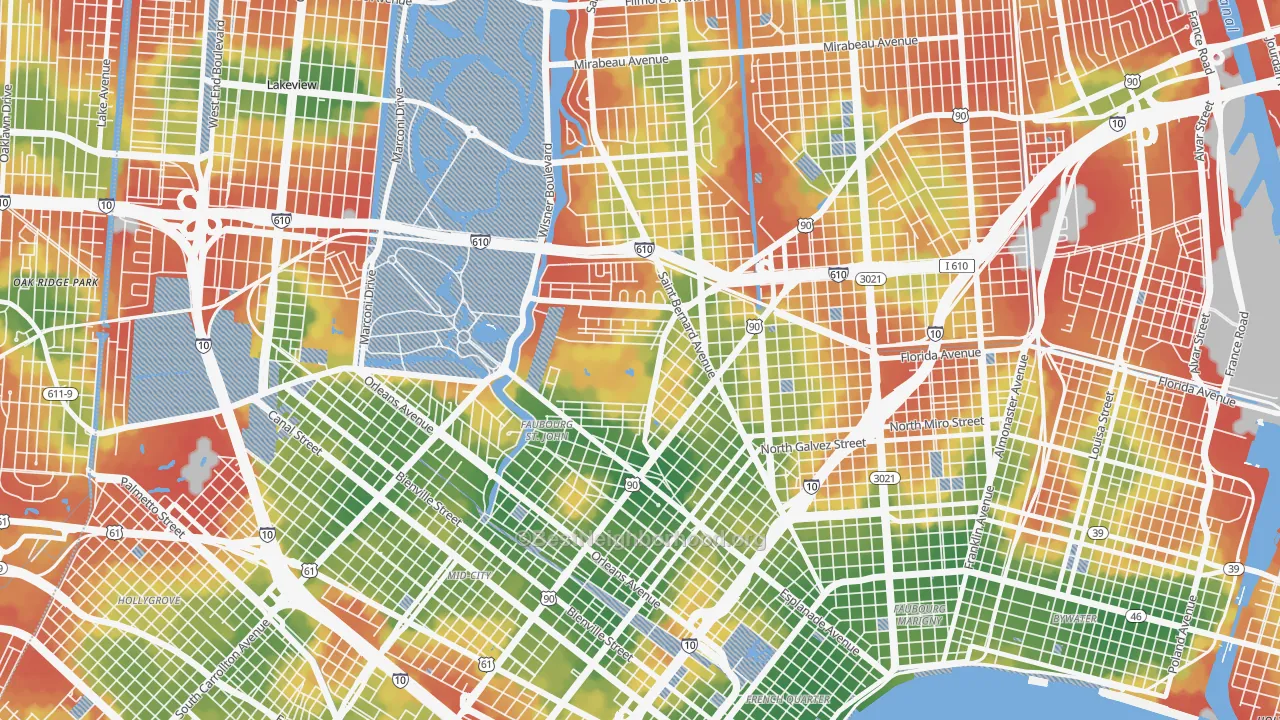 Walk Grade map of Fairgrounds, New Orleans, LA, walkable areas in green and car-dependent areas in red
