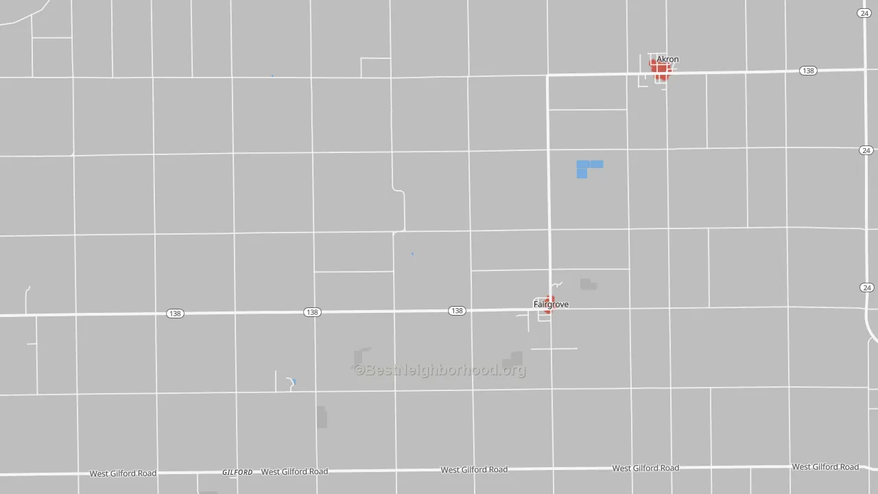 Walk Grade map of Fairgrove, MI, walkable areas in green and car-dependent areas in red