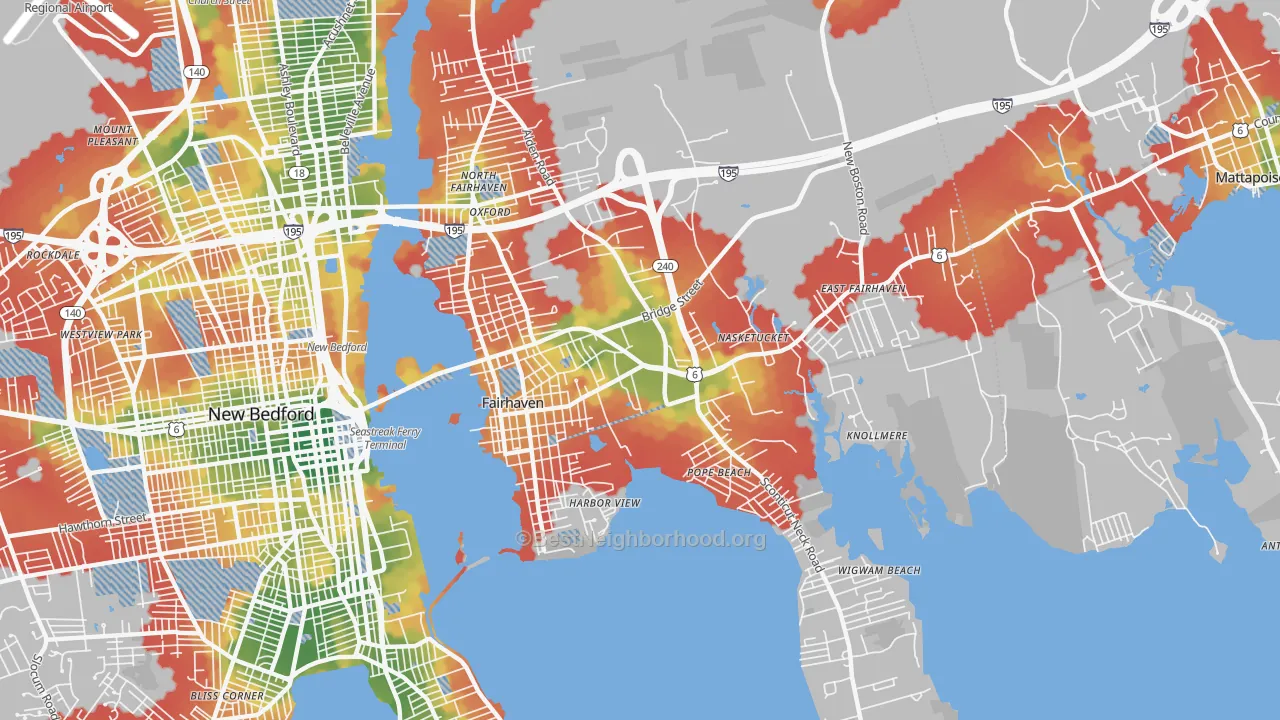 Walk Grade map of Fairhaven, MA, walkable areas in green and car-dependent areas in red