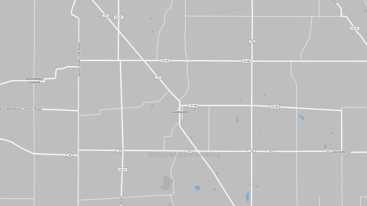 Walk Grade map of Fairhaven, OH, walkable areas in green and car-dependent areas in red