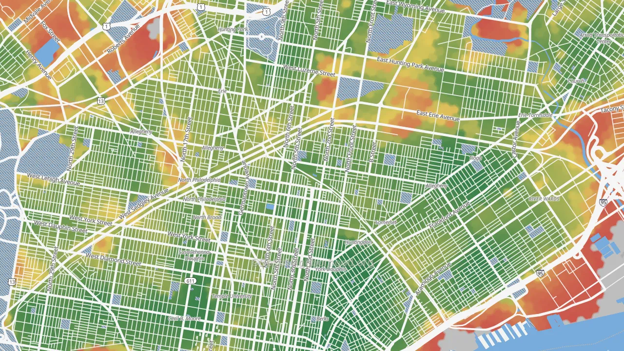 Walk Grade map of Fairhill, Philadelphia, PA, walkable areas in green and car-dependent areas in red