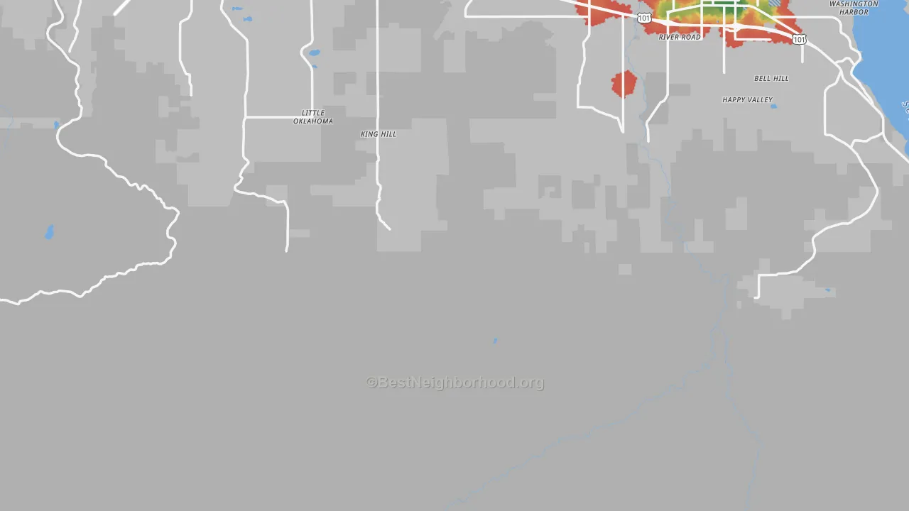 Walk Grade map of Fairholm, WA, walkable areas in green and car-dependent areas in red