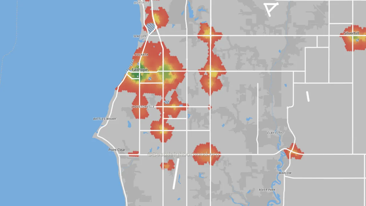Walk Grade map of Fairhope, AL, walkable areas in green and car-dependent areas in red
