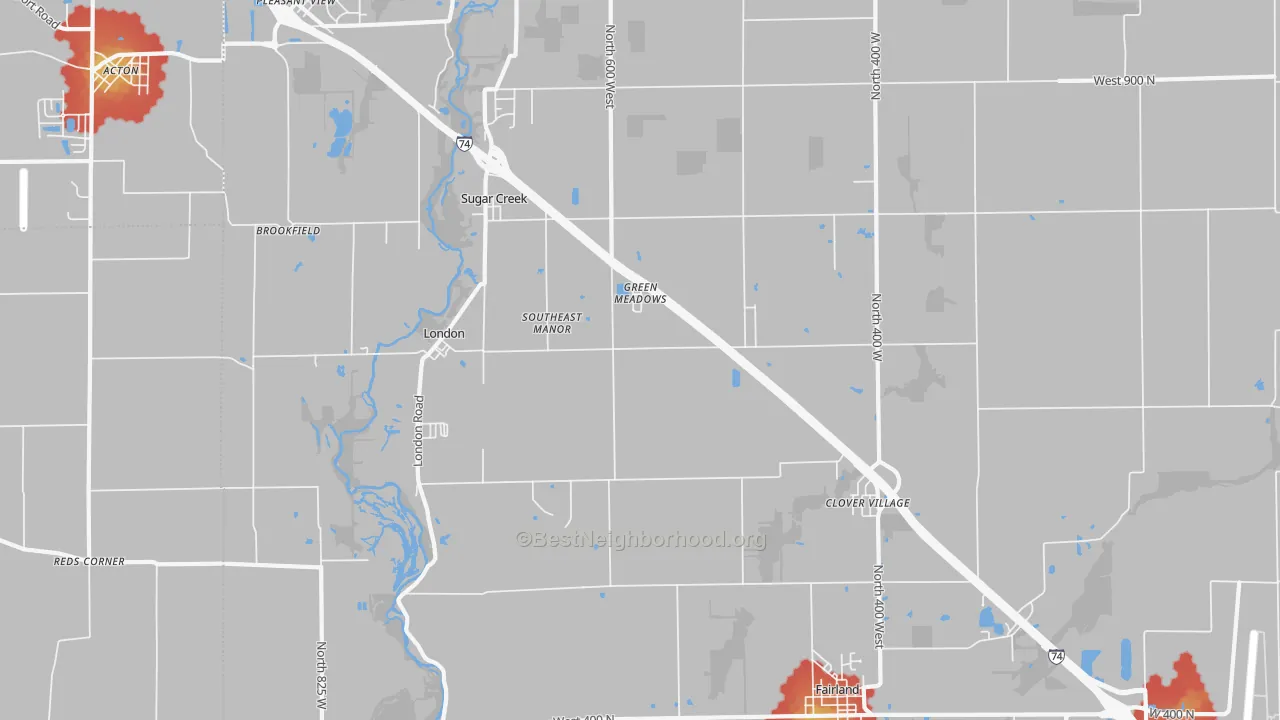 Walk Grade map of Fairland, IN, walkable areas in green and car-dependent areas in red