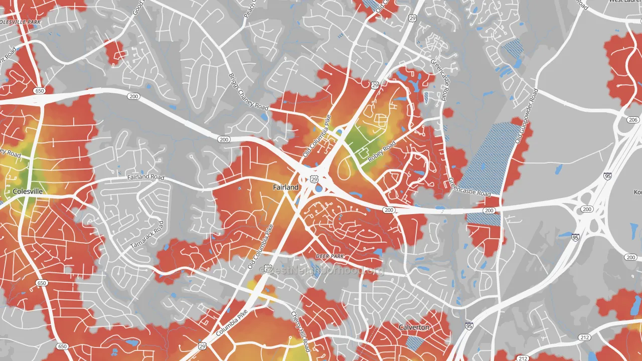 Walk Grade map of Fairland, MD, walkable areas in green and car-dependent areas in red