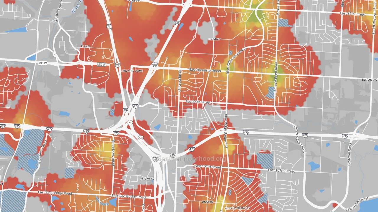 Walk Grade map of Fairlane, Kansas City, MO, walkable areas in green and car-dependent areas in red