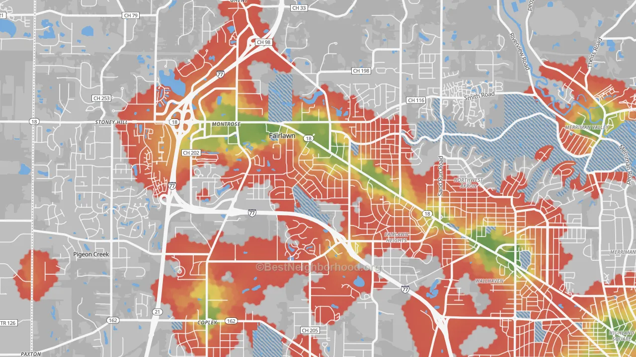 Walk Grade map of Fairlawn, OH, walkable areas in green and car-dependent areas in red
