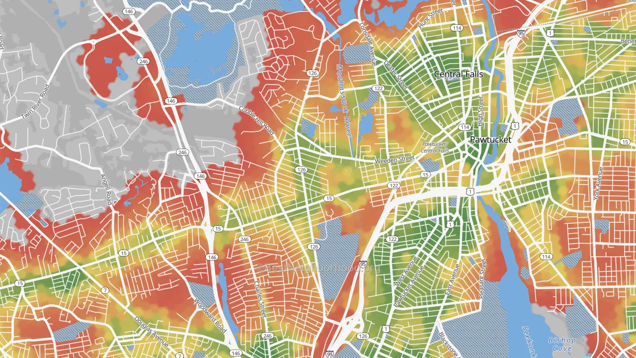 Walk Grade map of Fairlawn, Pawtucket, RI, walkable areas in green and car-dependent areas in red