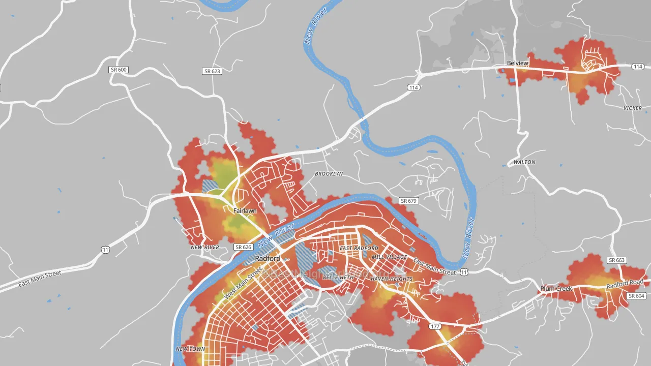 Walk Grade map of Fairlawn, VA, walkable areas in green and car-dependent areas in red