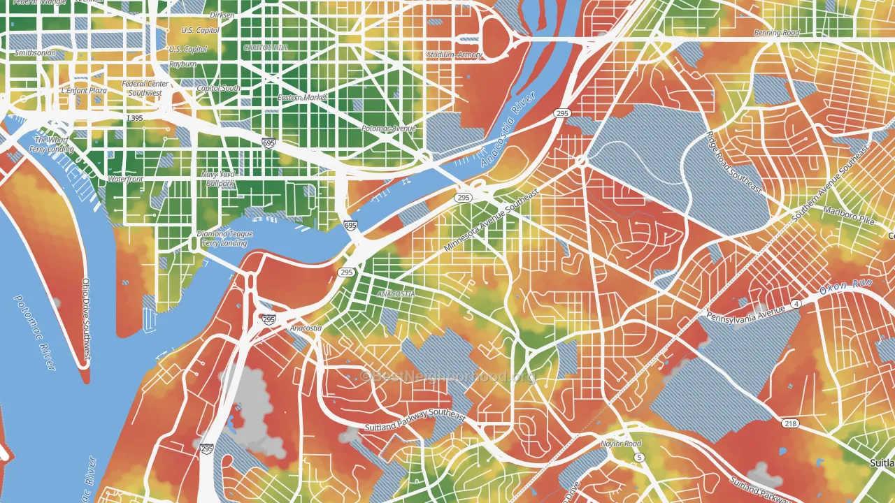 Walk Grade map of Fairlawn, Washington, DC, walkable areas in green and car-dependent areas in red