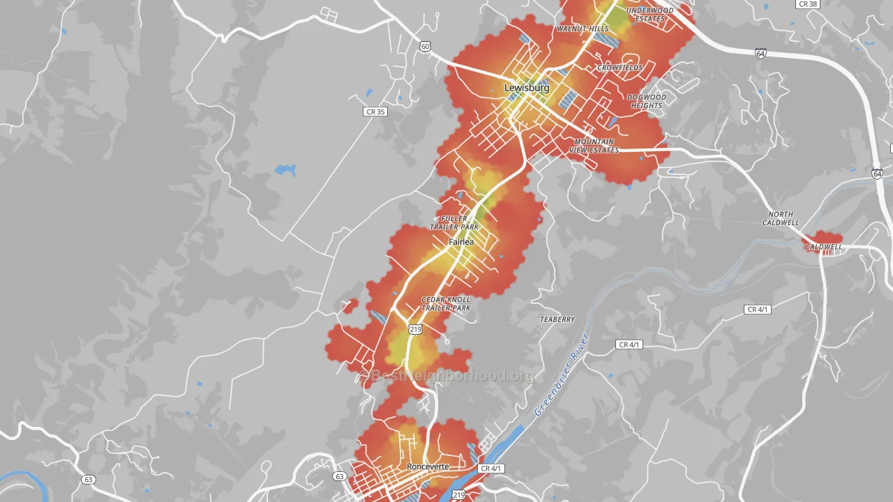 Walk Grade map of Fairlea, WV, walkable areas in green and car-dependent areas in red