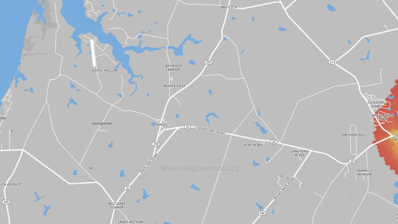 Walk Grade map of Fairlee, MD, walkable areas in green and car-dependent areas in red