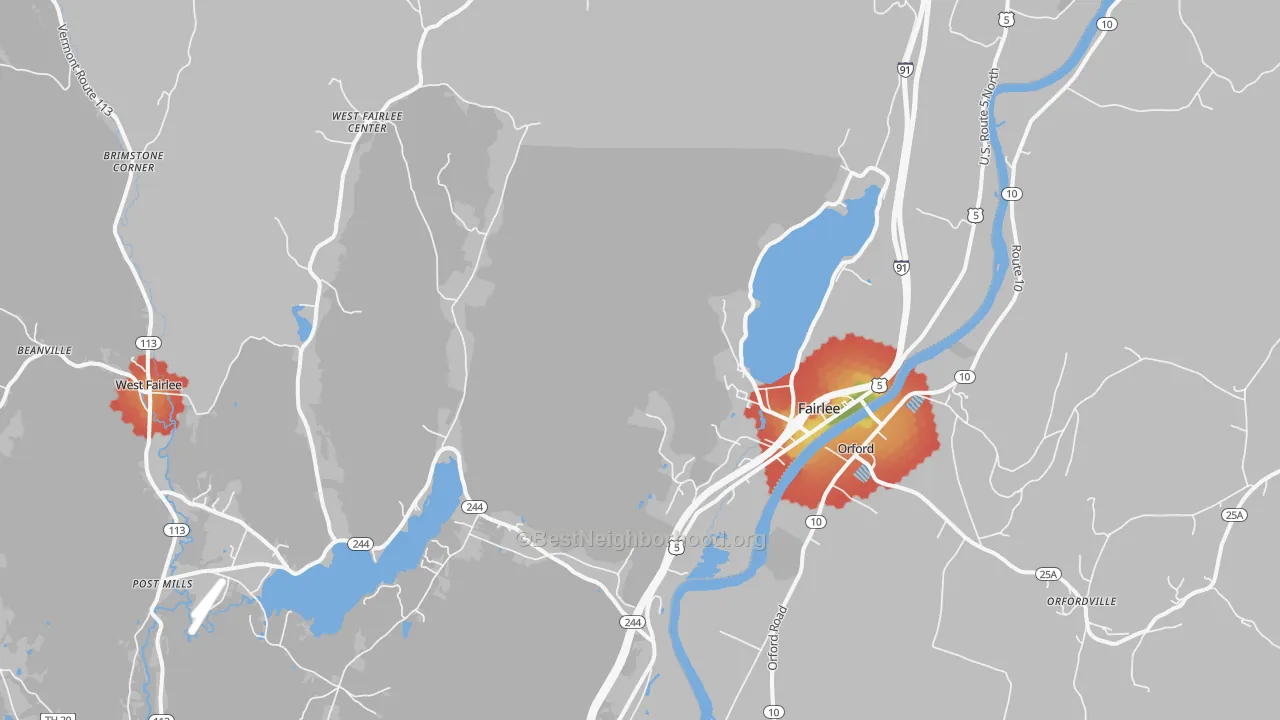 Walk Grade map of Fairlee, VT, walkable areas in green and car-dependent areas in red