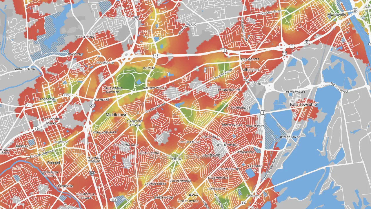 Walk Grade map of Fairless Hills, PA, walkable areas in green and car-dependent areas in red