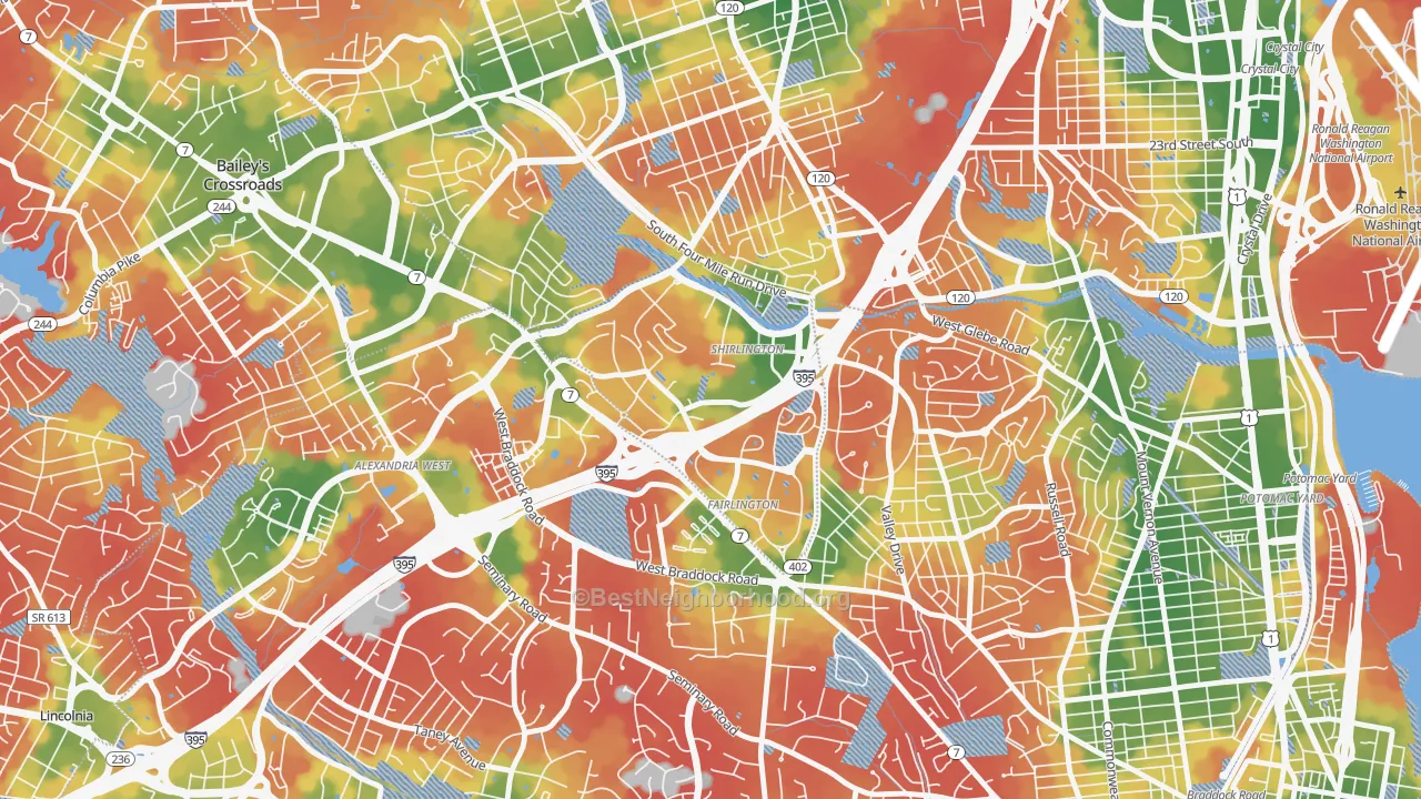 Walk Grade map of Fairlington-Shirlington, Arlington, VA, walkable areas in green and car-dependent areas in red