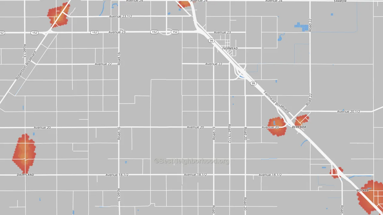 Walk Grade map of Fairmead, CA, walkable areas in green and car-dependent areas in red
