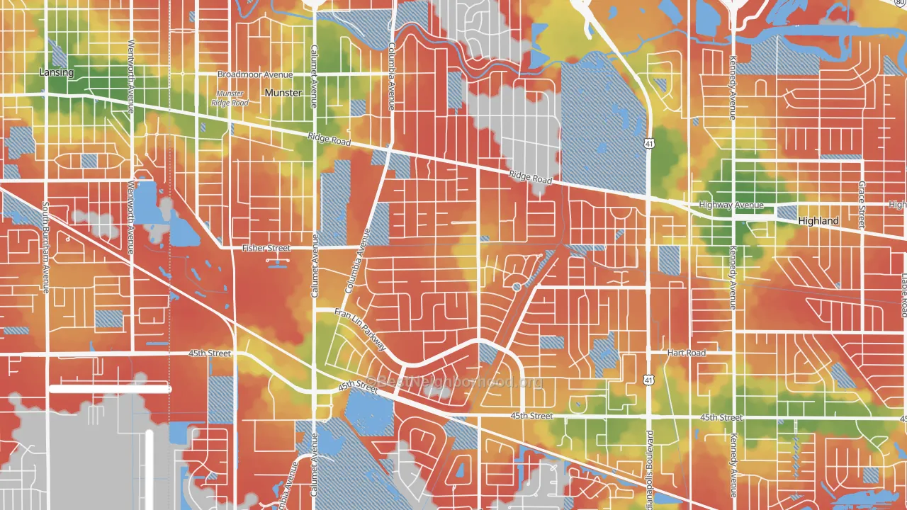 Walk Grade map of Fairmeadow, Munster, IN, walkable areas in green and car-dependent areas in red