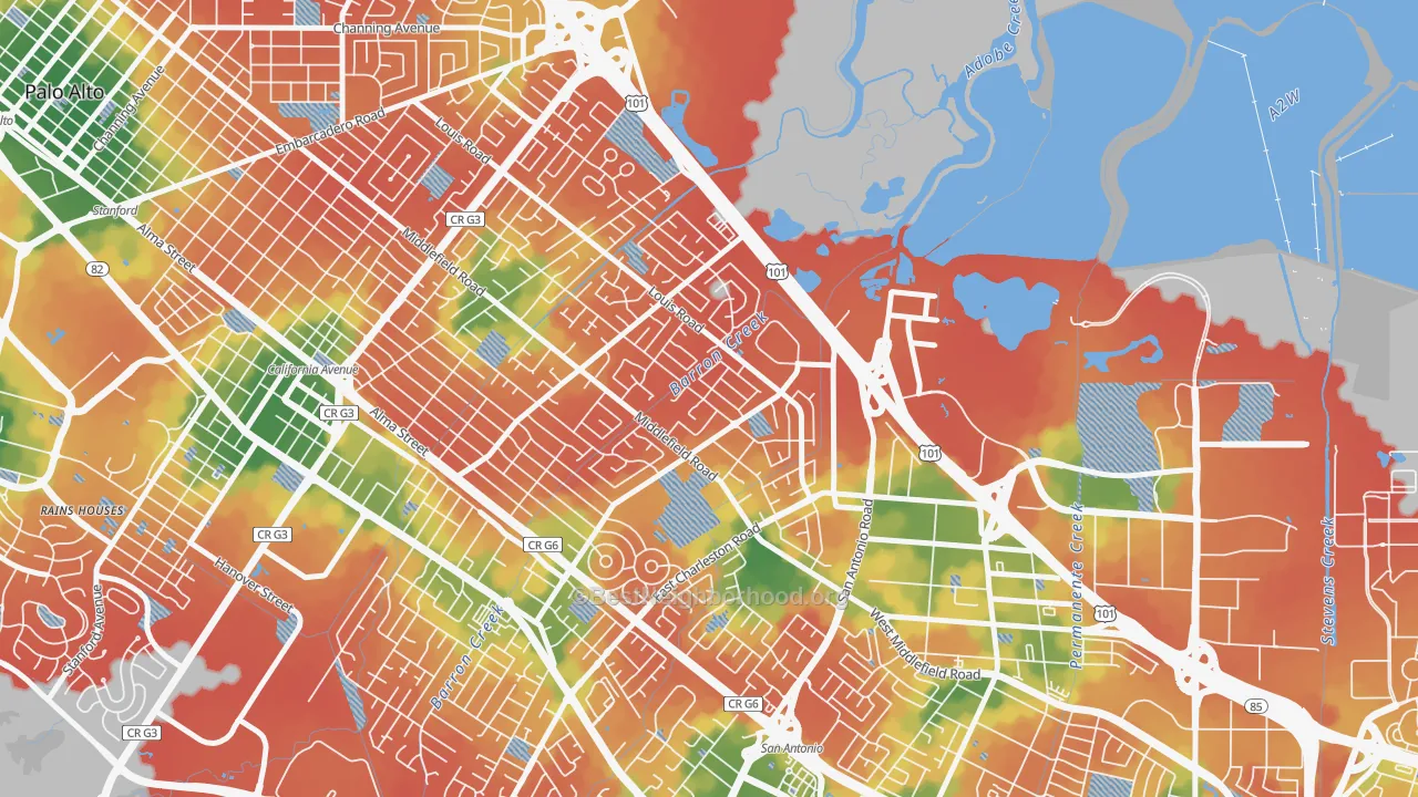 Walk Grade map of Fairmeadow, Palo Alto, CA, walkable areas in green and car-dependent areas in red