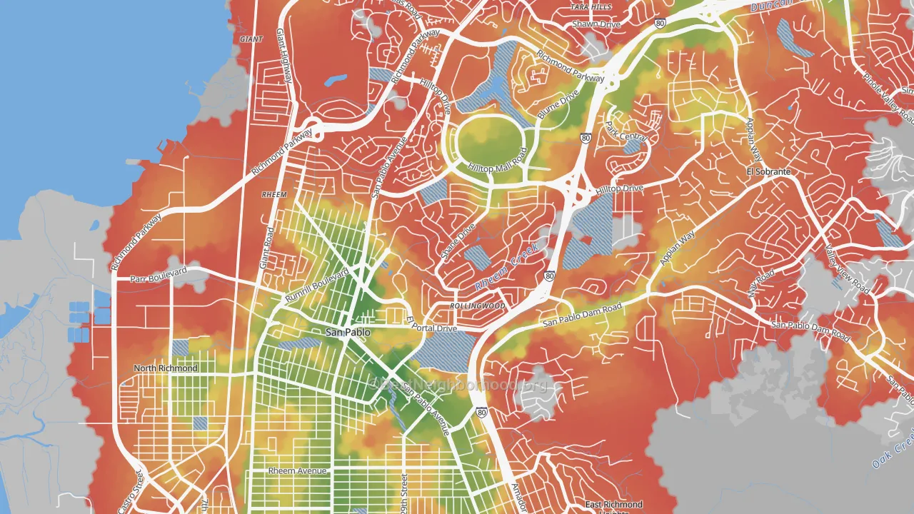 Walk Grade map of Fairmede-Hilltop, San Pablo, CA, walkable areas in green and car-dependent areas in red