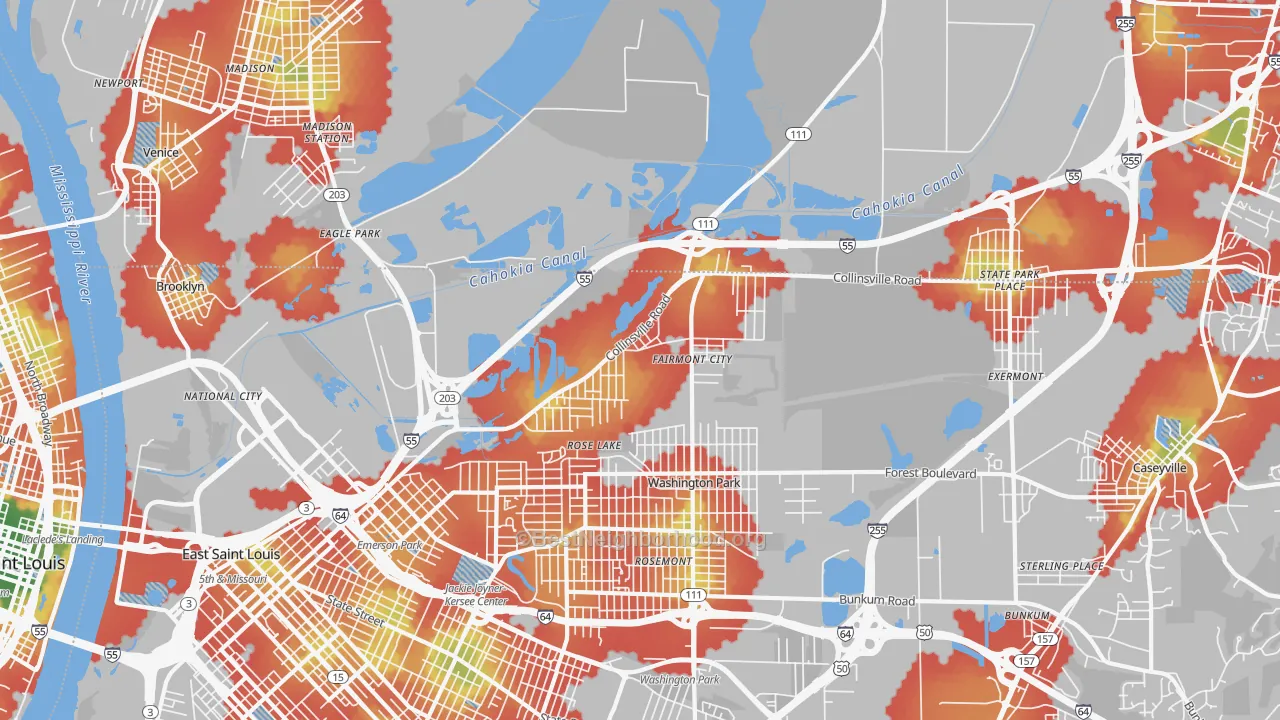 Walk Grade map of Fairmont City, IL, walkable areas in green and car-dependent areas in red