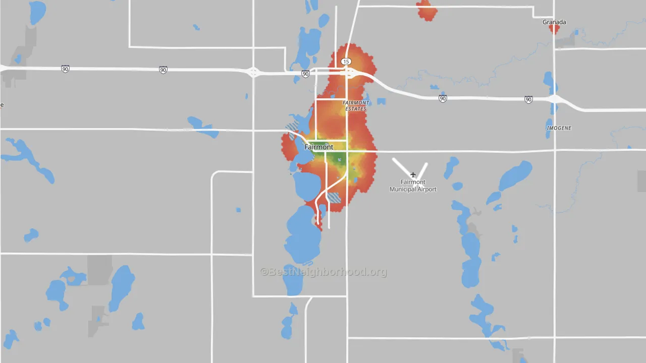 Walk Grade map of Fairmont, MN, walkable areas in green and car-dependent areas in red