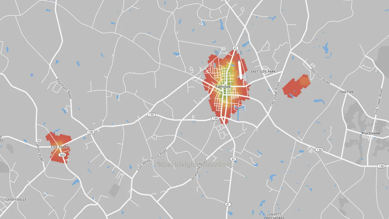 Walk Grade map of Fairmont, NC, walkable areas in green and car-dependent areas in red