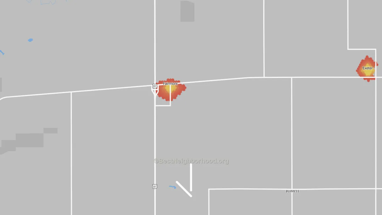 Walk Grade map of Fairmont, NE, walkable areas in green and car-dependent areas in red