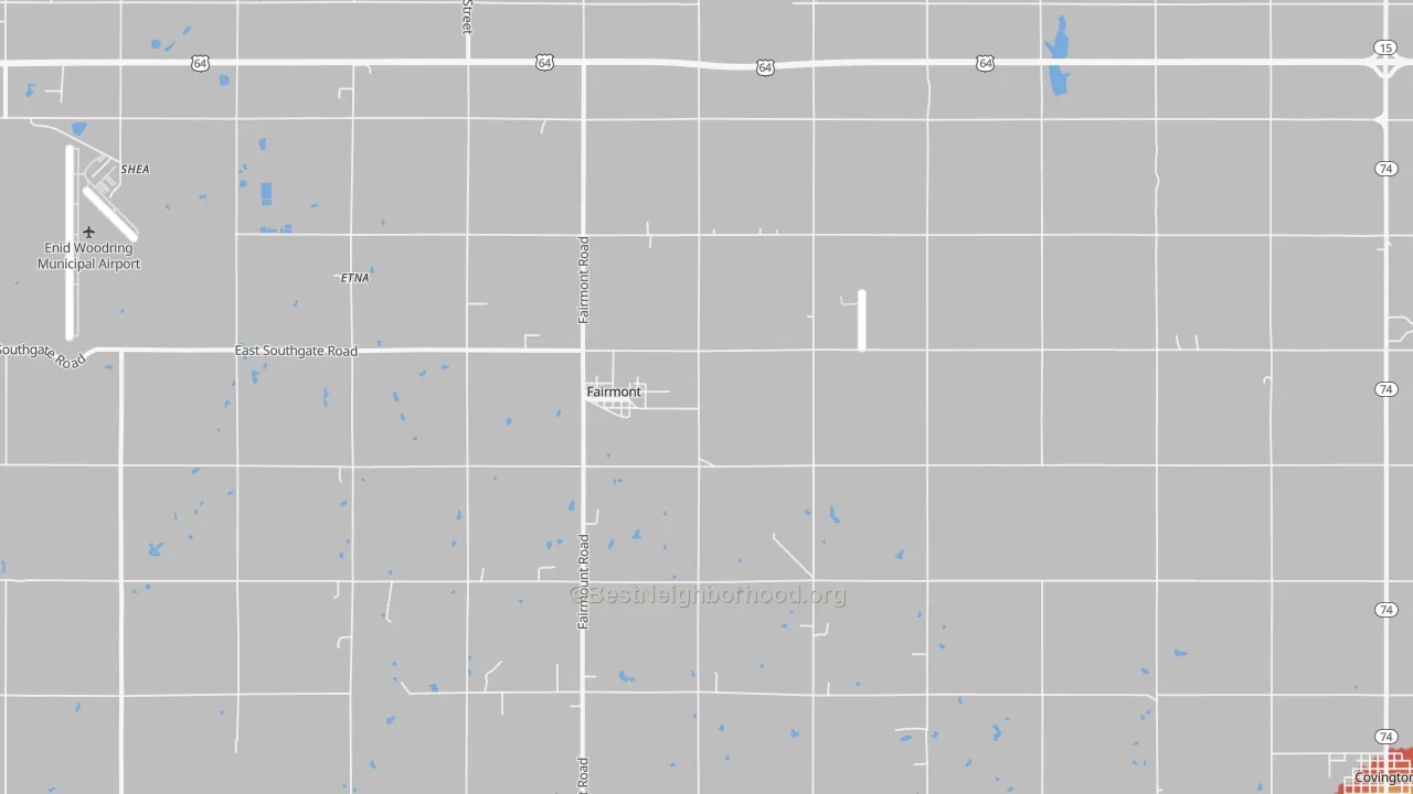 Walk Grade map of Fairmont, OK, walkable areas in green and car-dependent areas in red